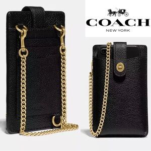 Coach NWT Turnlock Chain Phone Crossbody Bag Black Pebble Leather
